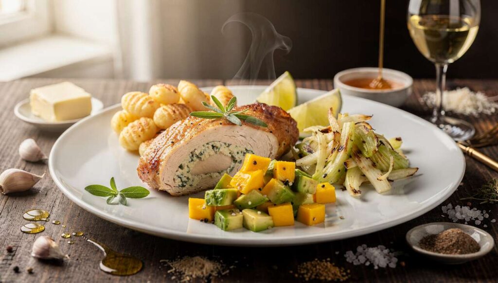Maishuhnbrust mit Estragon-Ricotta-Füllung, Gnocchi, Fenchelgemüse und Mango-Avocado-Salat