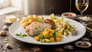 Maishuhnbrust mit Estragon-Ricotta-Füllung, Gnocchi, Fenchelgemüse und Mango-Avocado-Salat