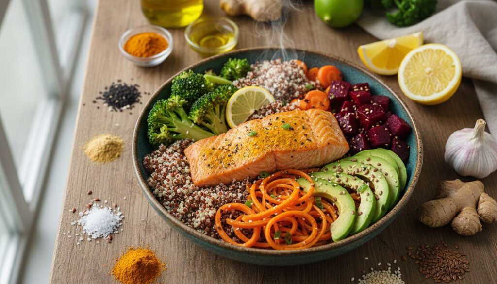 Ernährungs-Docs-Rezept: Entzündungshemmende Gemüsebowl mit Kurkuma und Lachs