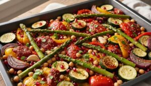 Ernährungs-Docs-Rezept: Orientalisches Ofengemüse mit Spargel und Kichererbsen